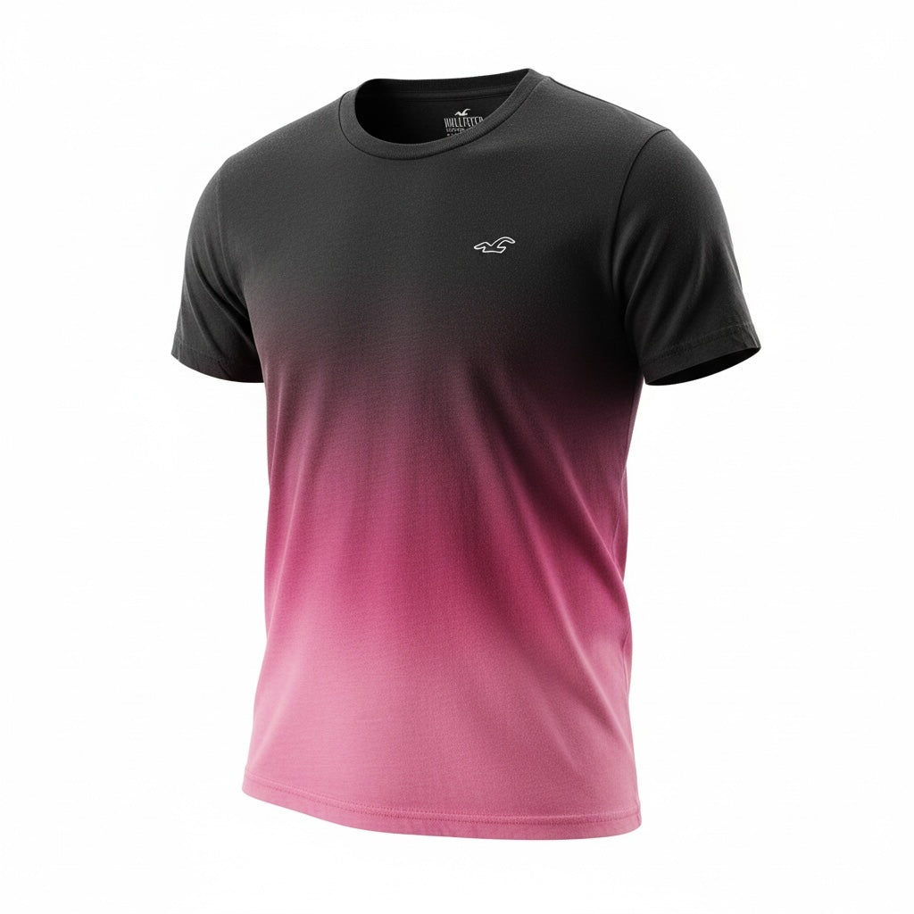 picknpack Hollister crew neck t-shirt with a charcoal grey to pink ombre fade and small embroidered chest logo