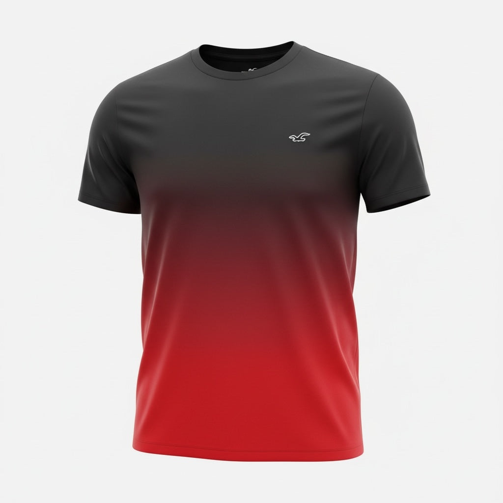 picknpack Hollister crew neck t-shirt featuring a black to red ombre gradient and small embroidered chest logo
