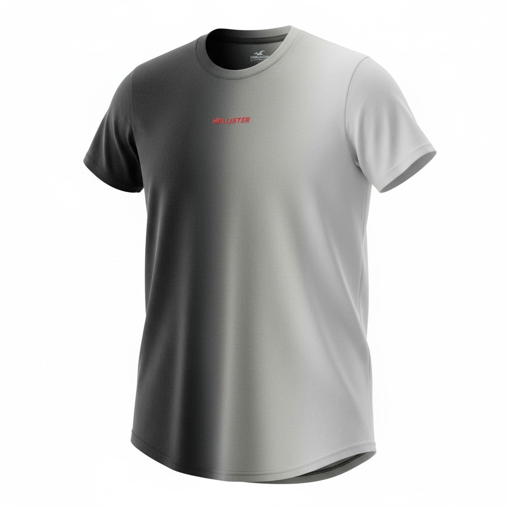 picknpack Hollister crew neck t-shirt featuring a charcoal to light grey ombre gradient and a small red chest logo