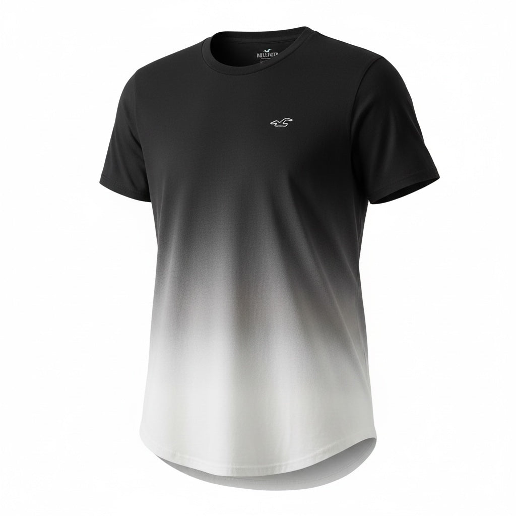 picknpack Hollister crew neck t-shirt featuring a black to white ombre fade, short sleeves, and a curved hemline.