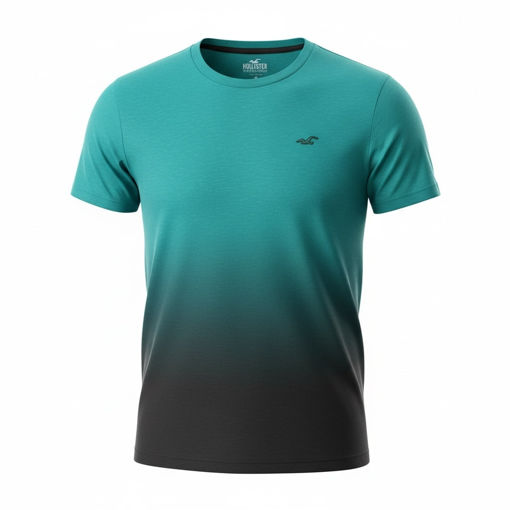 picknpack Hollister crew neck t-shirt featuring a teal to charcoal ombre design and embroidered chest logo.