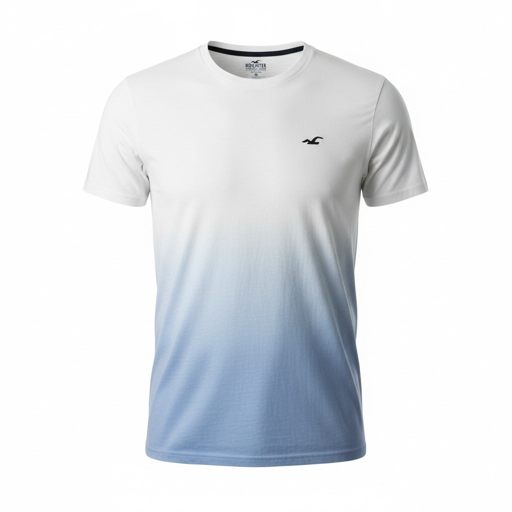 picknpack Hollister crew neck t-shirt featuring a white to blue ombre gradient and a small embroidered chest logo.