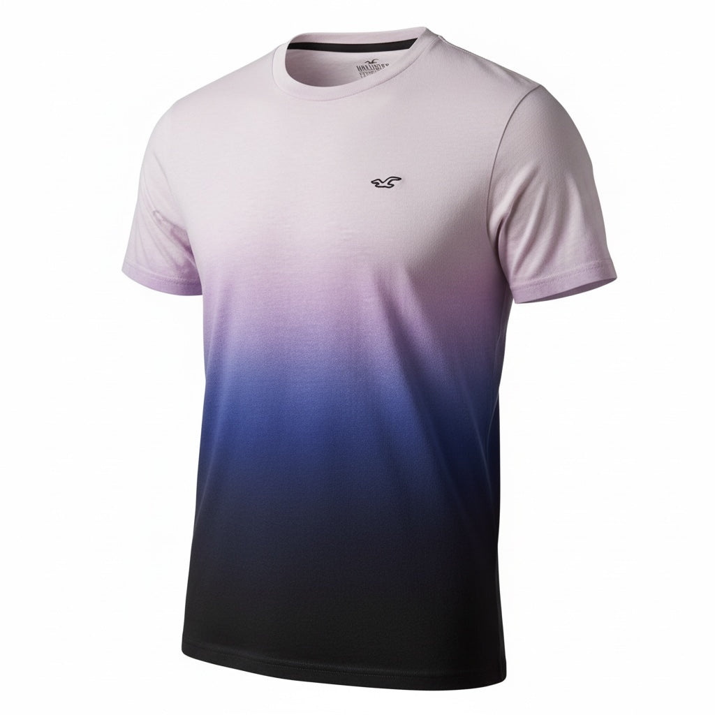 picknpack Hollister crew neck t-shirt featuring a lavender to black ombre gradient and embroidered chest logo.