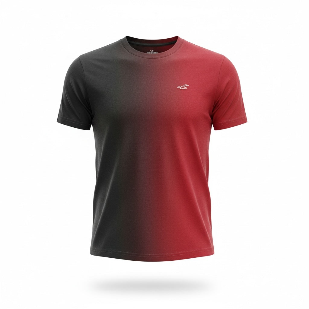 picknpack Hollister crew neck t-shirt featuring a charcoal grey to red ombre fade and chest logo embroidery.