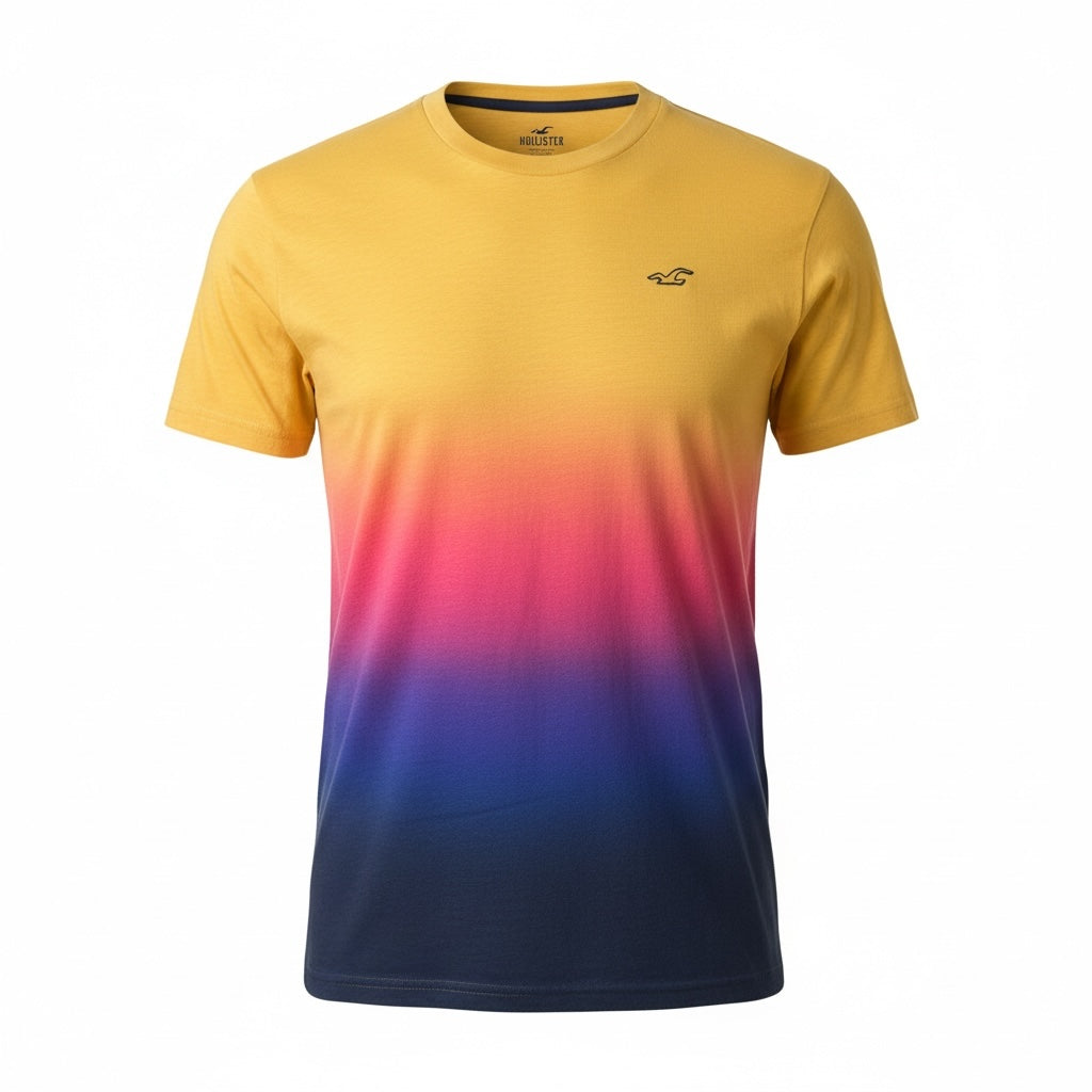 picknpack Hollister crew neck t-shirt featuring a yellow, magenta, and navy ombre gradient with an embroidered logo.
