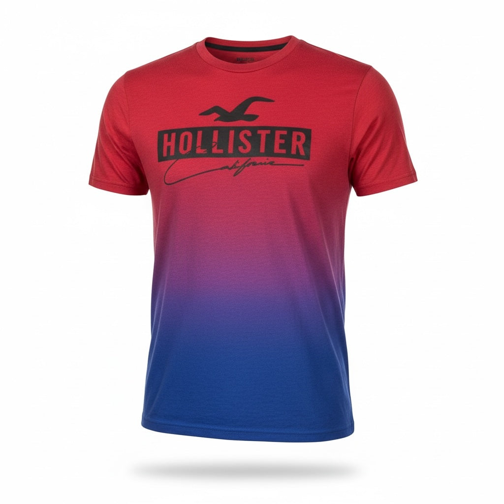 picknpack Hollister crew neck t-shirt featuring a red to blue ombre gradient and bold black graphic logo print