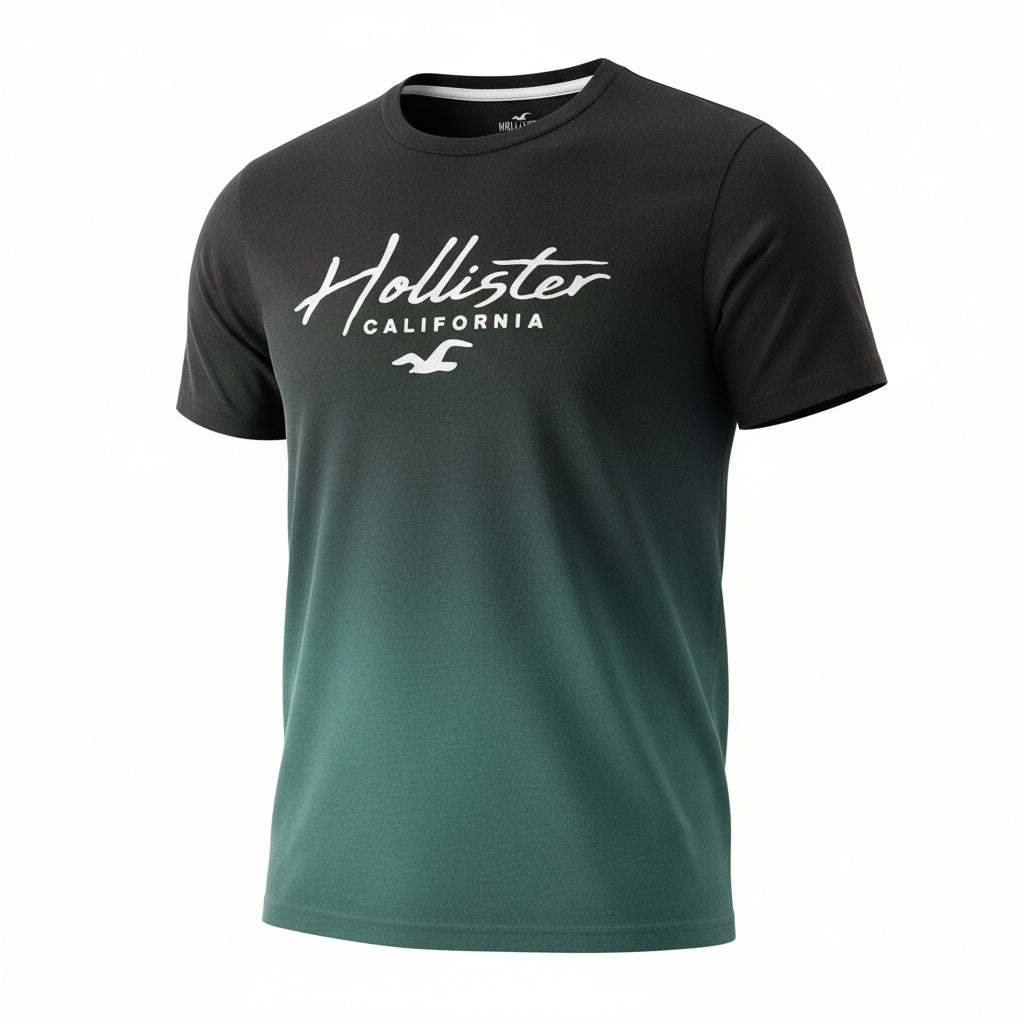 picknpack Hollister California graphic crew neck t-shirt with a black to green ombre fade and white script logo