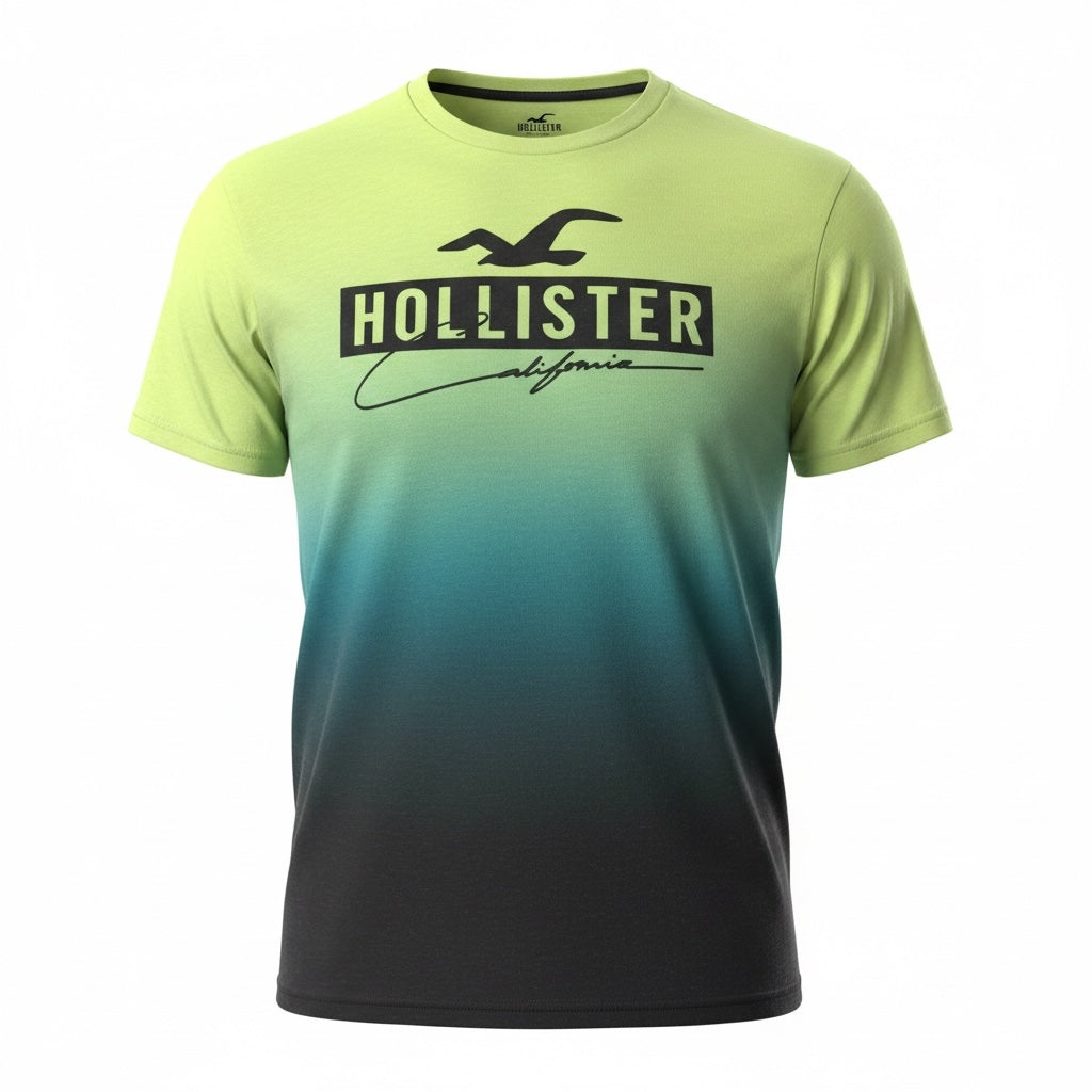 picknpack Hollister crew neck t-shirt featuring a lime green to black ombre fade and a bold chest logo graphic.