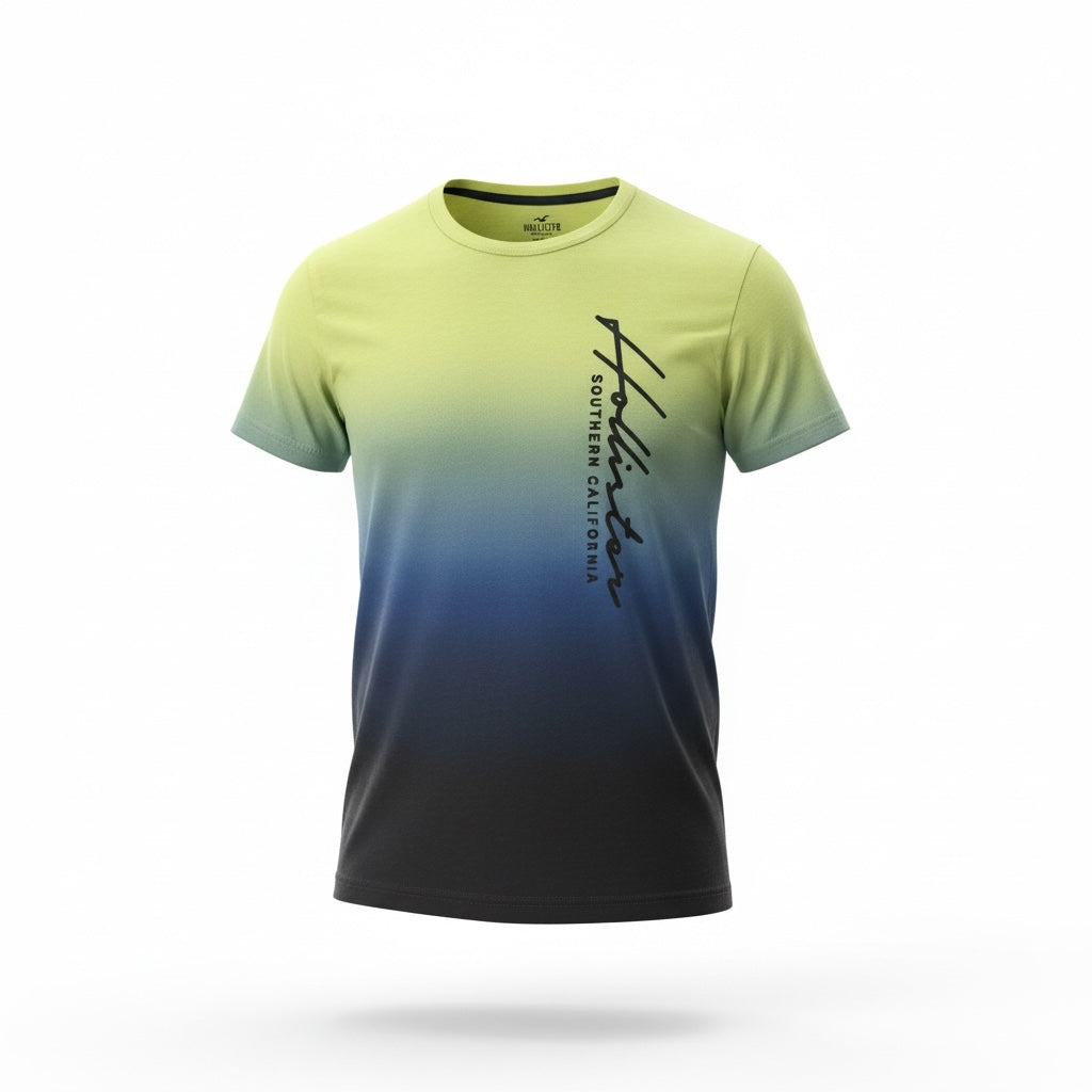 picknpack Hollister crew neck t-shirt featuring a lime green to black ombre gradient and vertical script logo