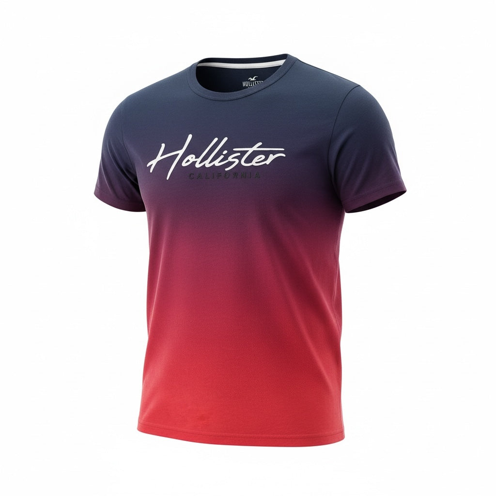 picknpack Hollister crew neck t-shirt featuring a navy blue to red ombre fade and white script logo on the chest.