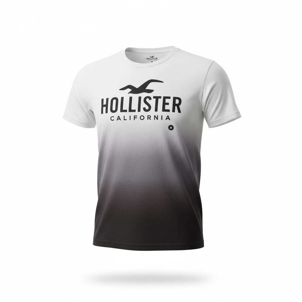 picknpack Hollister California crew neck t-shirt with a white to black ombre gradient and chest logo