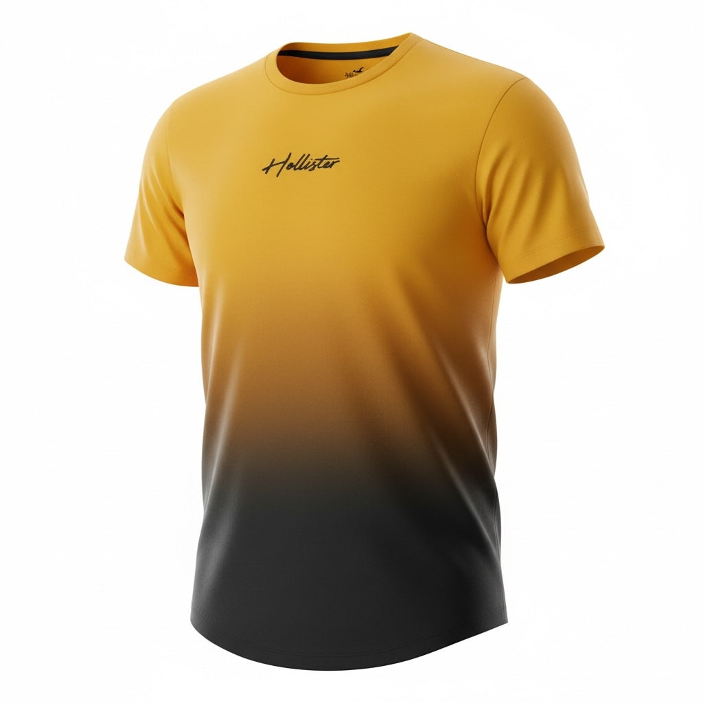 picknpack Hollister crew neck t-shirt featuring a golden yellow to charcoal black ombre gradient and chest logo.