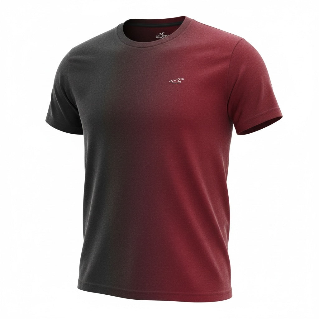 picknpack Hollister crew neck t-shirt featuring a charcoal grey to burgundy ombre fade and small chest logo