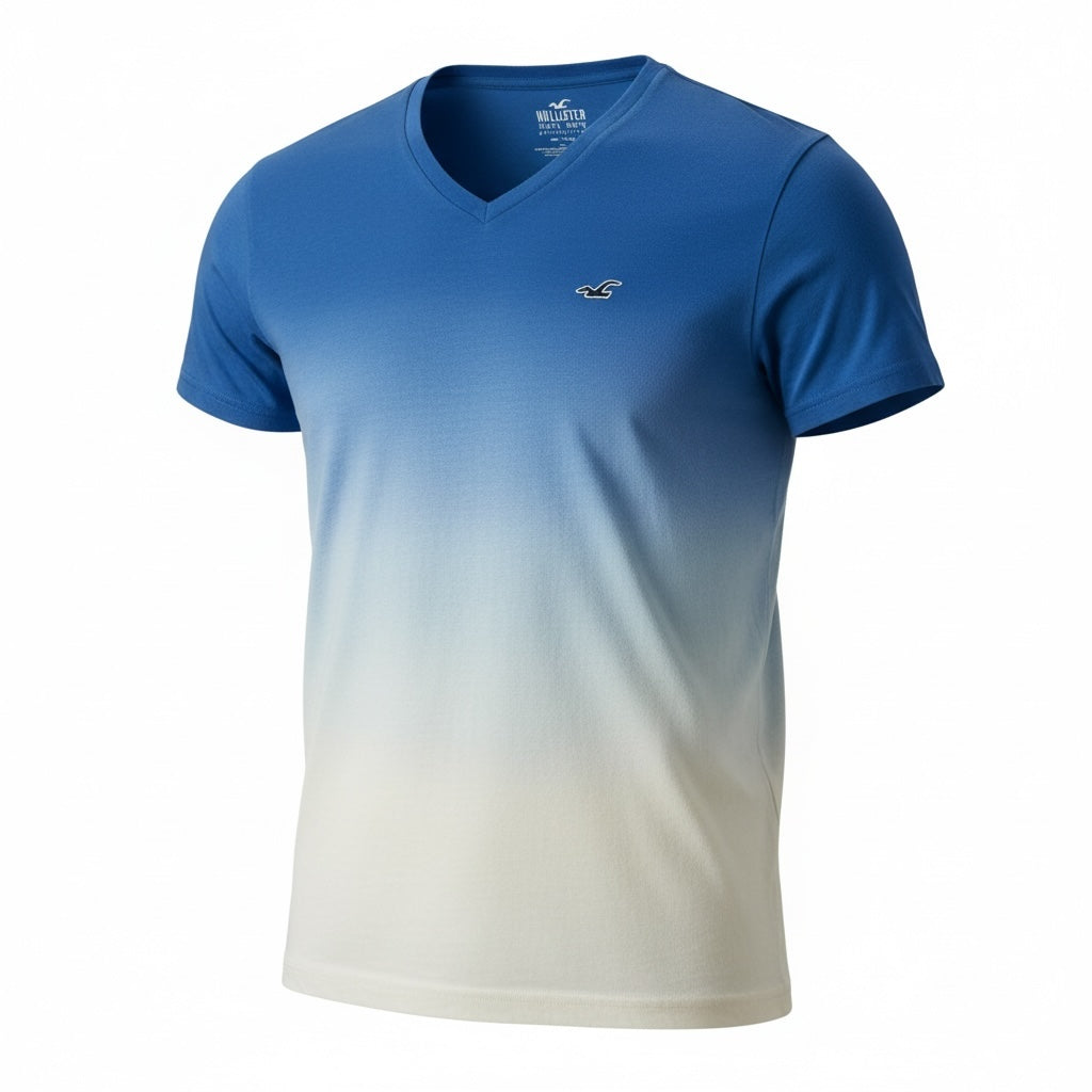 picknpack Hollister men's v-neck t-shirt featuring a blue-to-white ombre gradient and small chest logo