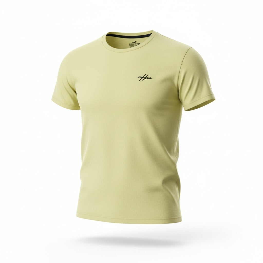 picknpack Hollister pale yellow crew neck t-shirt in soft cotton blend with small embroidered chest logo