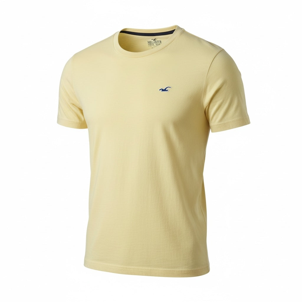 picknpack Hollister pastel yellow crew neck short sleeve t-shirt in soft cotton-blend with embroidered chest logo