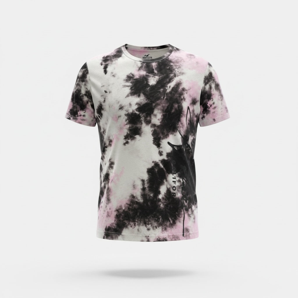picknpack Hollister crew neck short sleeve t-shirt in a black and pink smoky tie-dye cotton fabric
