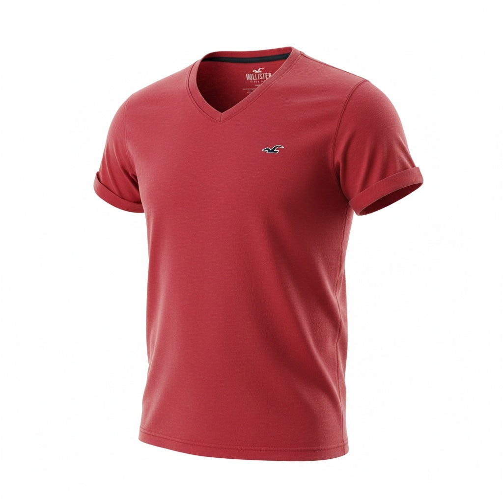 picknpack Hollister red short sleeve v-neck t-shirt with cuffed sleeves and embroidered chest logo