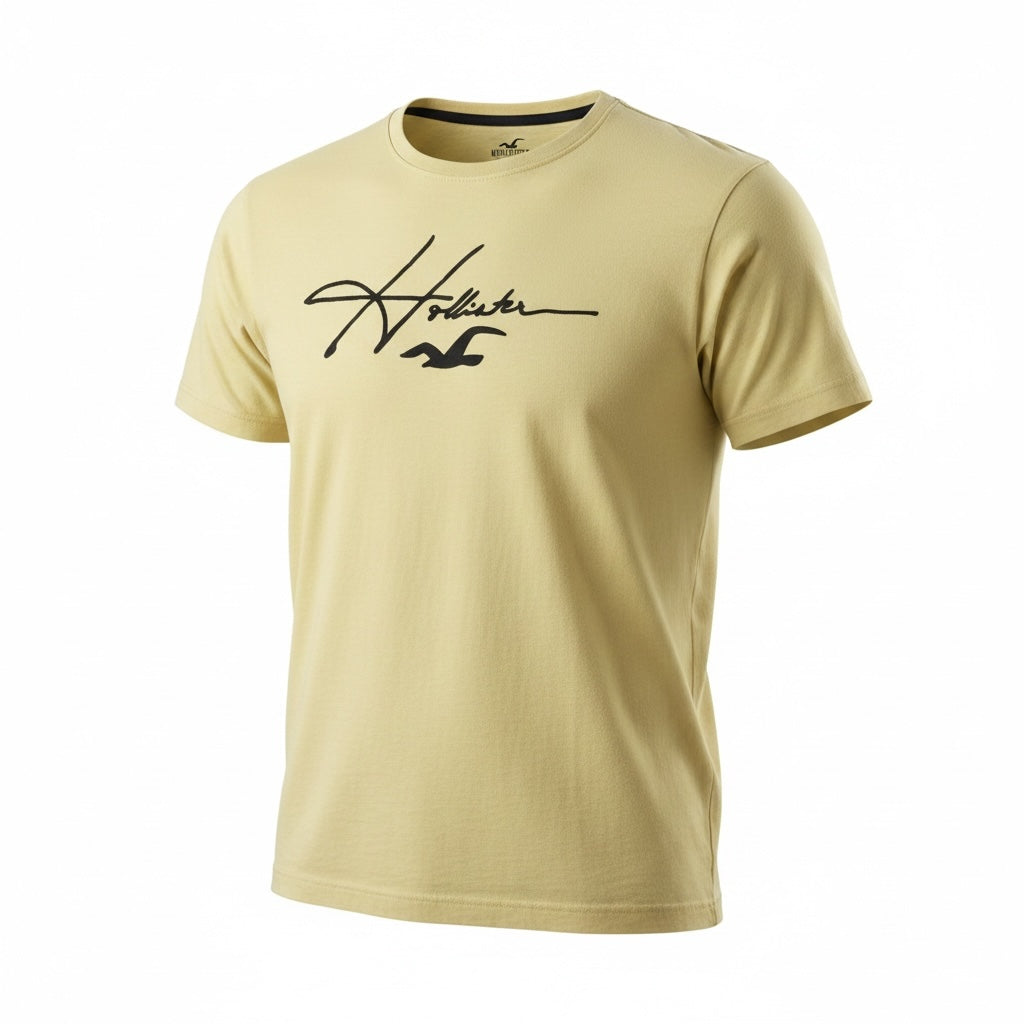 picknpack Hollister sand-toned crew neck t-shirt with black script logo graphic on chest in soft cotton-blend fabric