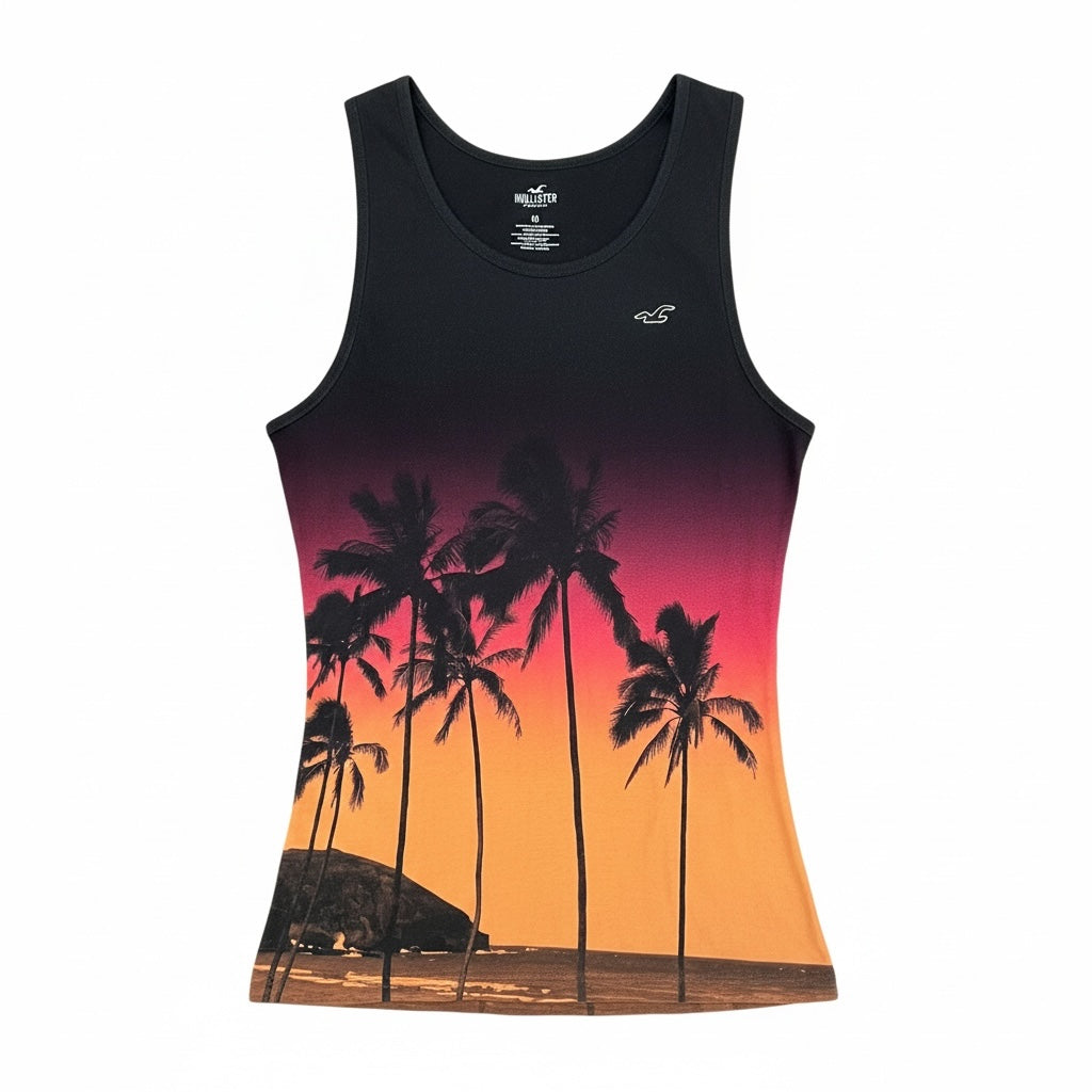 picknpack Hollister sleeveless tank top with black to orange sunset gradient and palm tree graphic print
