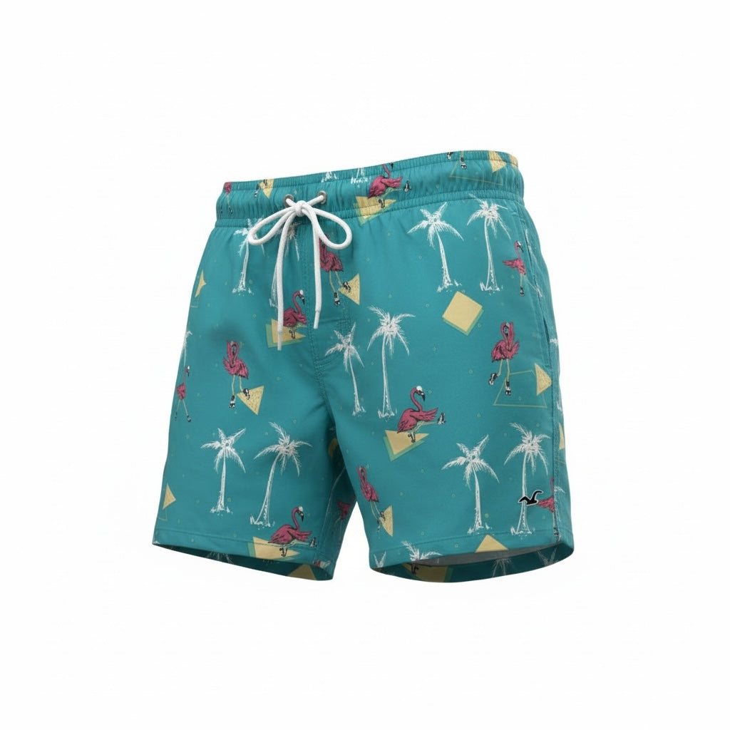 picknpack Hollister teal swim trunks with retro flamingo and palm tree print, elastic drawstring waist