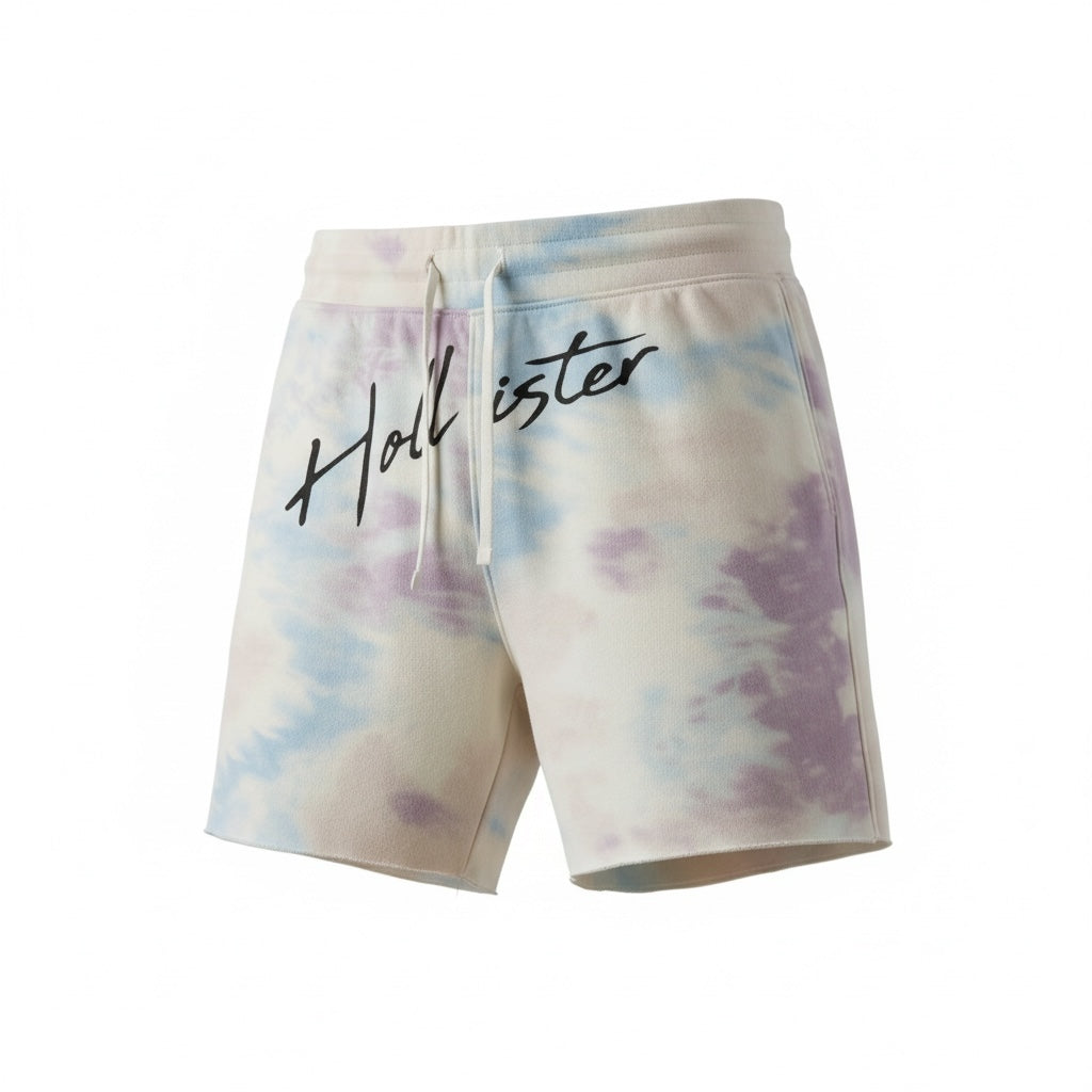 picknpack Hollister fleece lounge shorts in muted tie-dye with drawstring waist and script logo on raw-edge hem