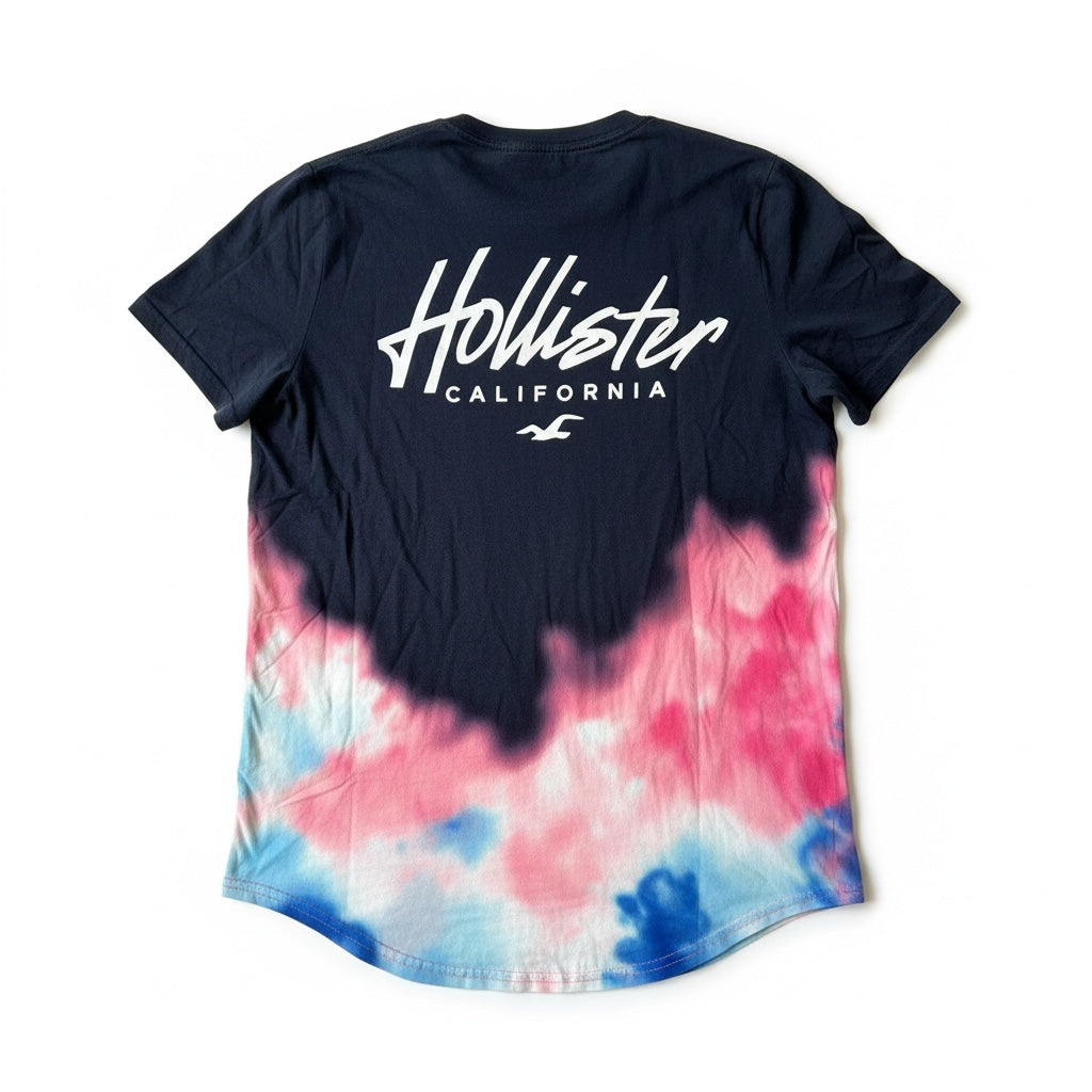 picknpack Hollister navy cotton t-shirt with pink and blue tie-dye hem and white script logo on the back