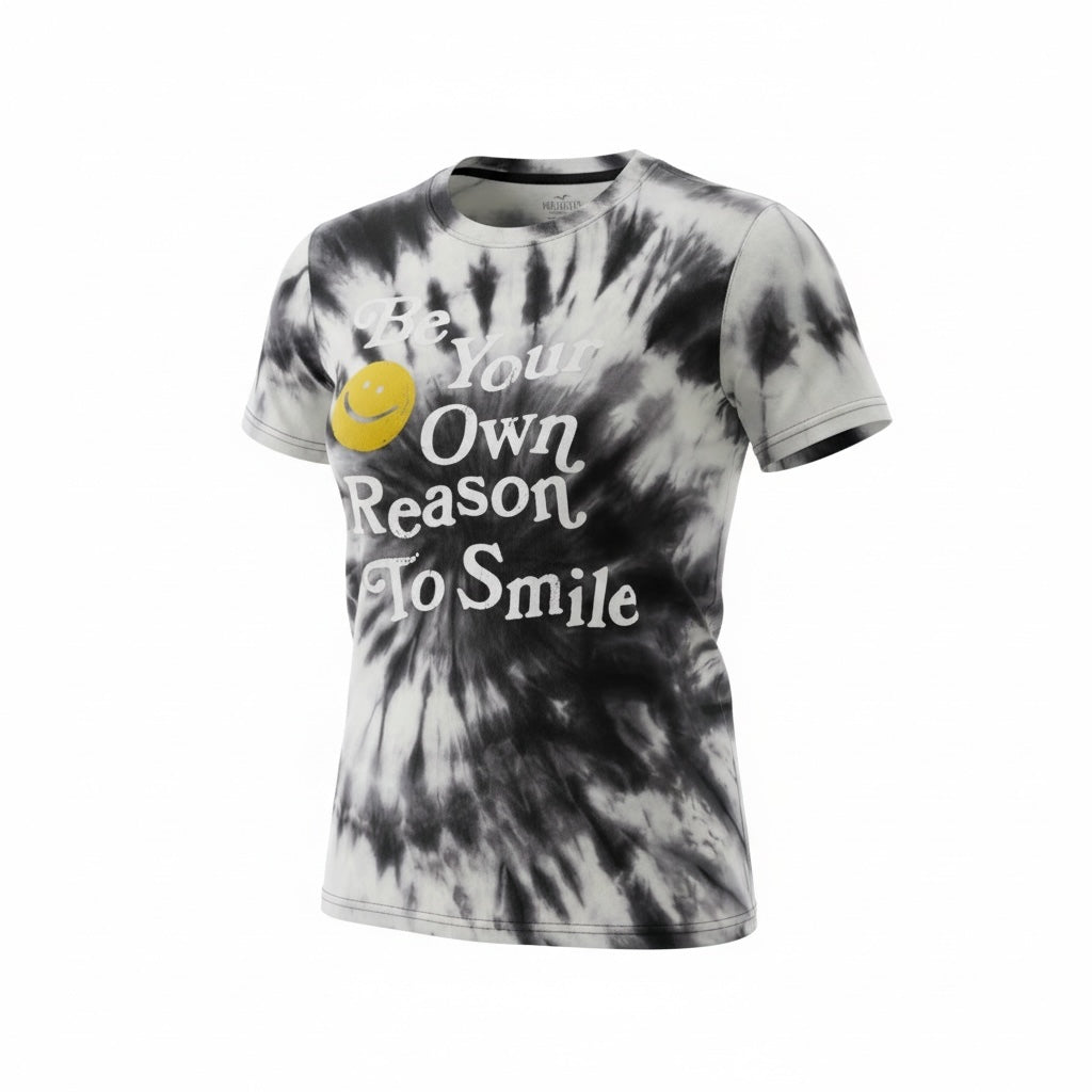 picknpack Hollister black and white spiral tie-dye graphic crew neck t-shirt with a yellow smiley face print