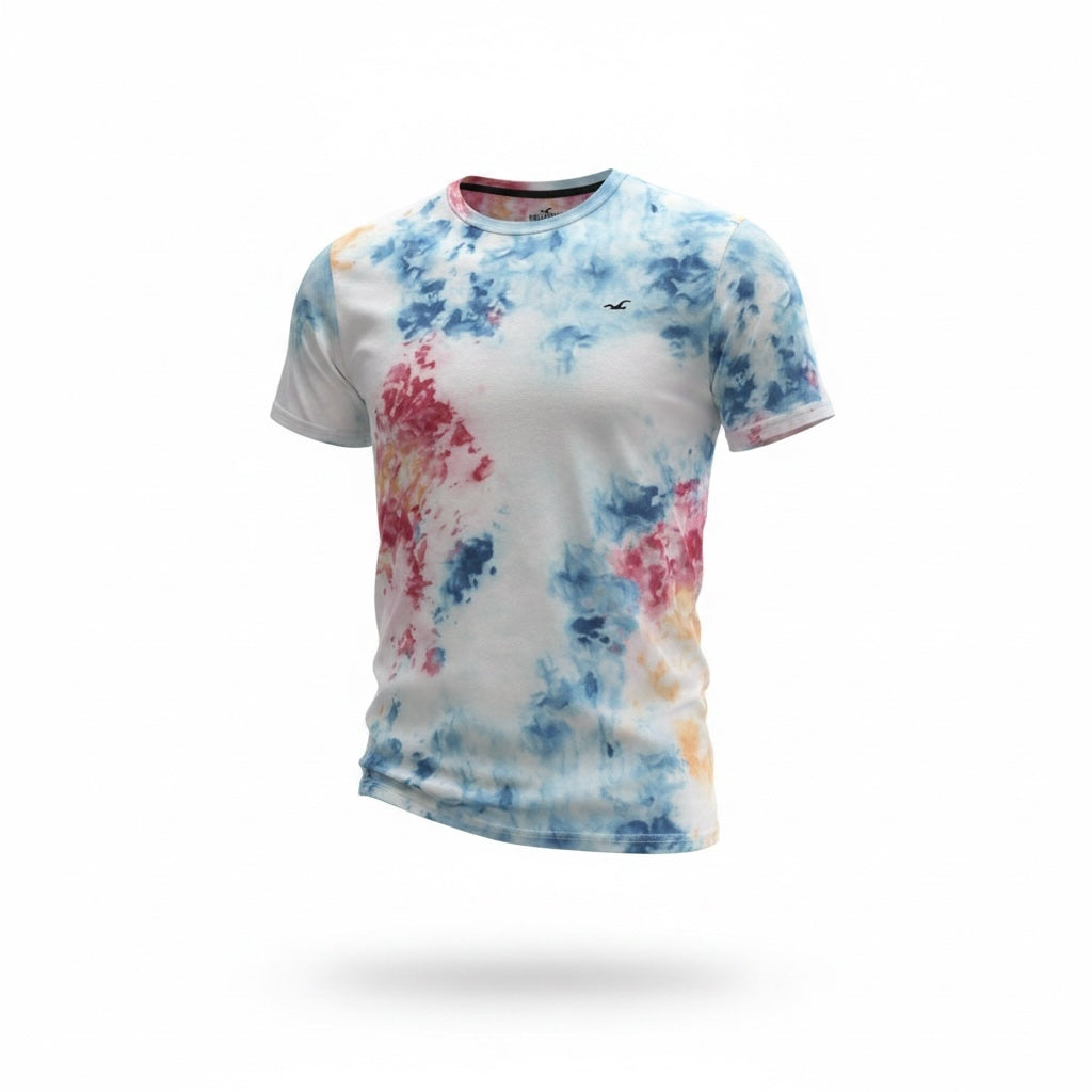 picknpack Hollister crew neck t-shirt in white with a vibrant blue, pink, and orange tie-dye pattern and chest logo.