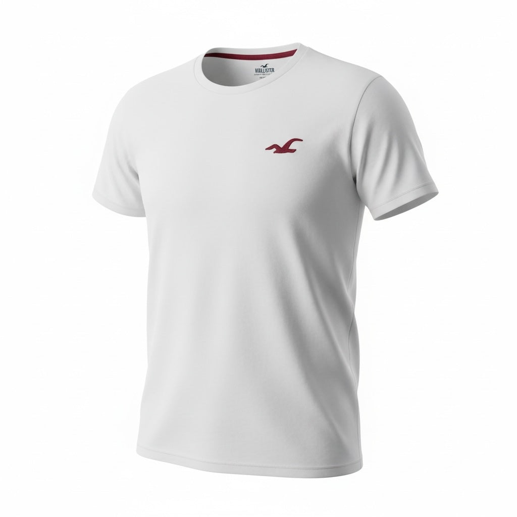picknpack white Hollister crew neck t-shirt with burgundy embroidered logo and interior neckline trim