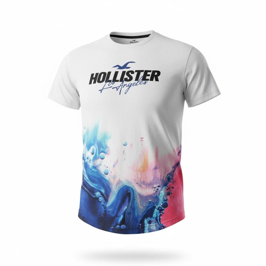 picknpack Hollister white crew neck t-shirt featuring a colorful blue and pink water-inspired graphic print at the hem.