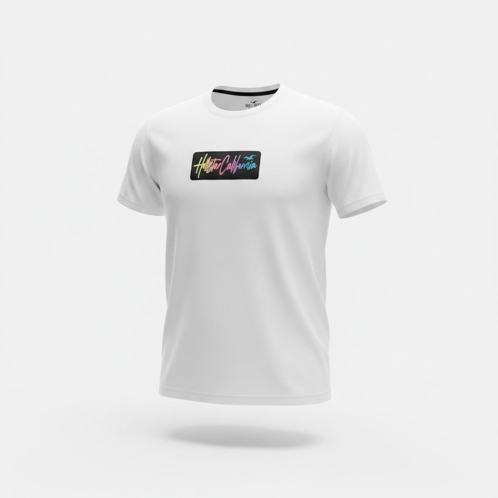 picknpack white Hollister crew neck t-shirt with a black rectangular patch featuring a colorful script logo