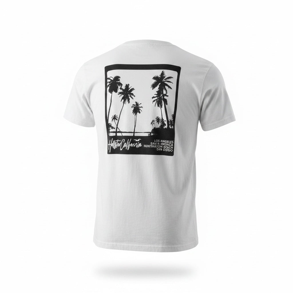 picknpack white Hollister crew neck t-shirt featuring a black and white palm tree graphic print on the back