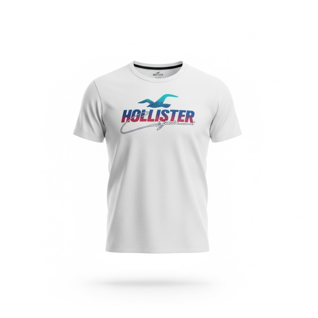 picknpack white Hollister crew neck t-shirt with a multi-colored gradient logo graphic on the chest