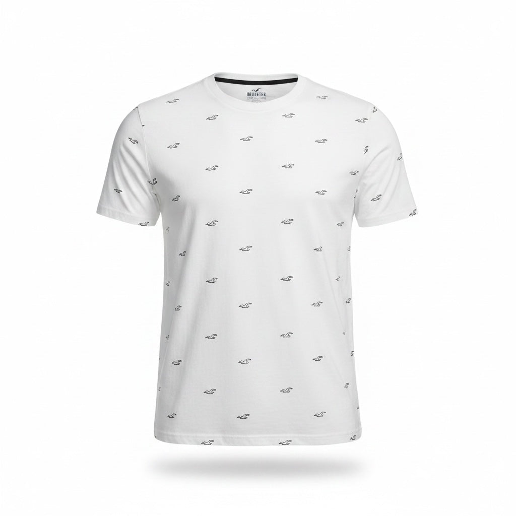 picknpack Hollister white crew neck t-shirt with a subtle black all-over logo print in soft cotton-blend fabric