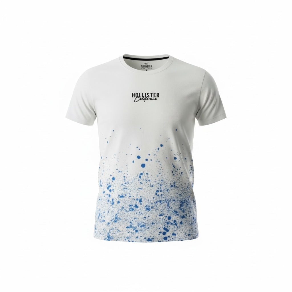 picknpack Hollister white crew neck t-shirt with blue paint splatter graphic and chest logo