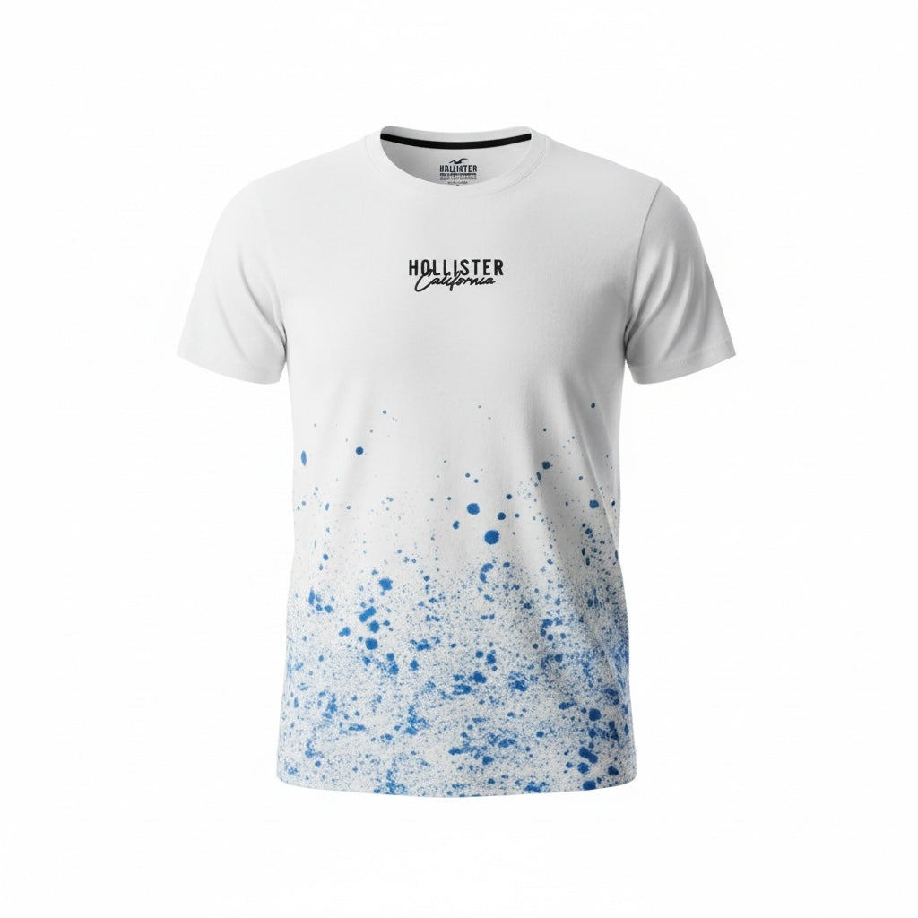 picknpack white Hollister California crew neck t-shirt with blue paint splatter design and chest logo