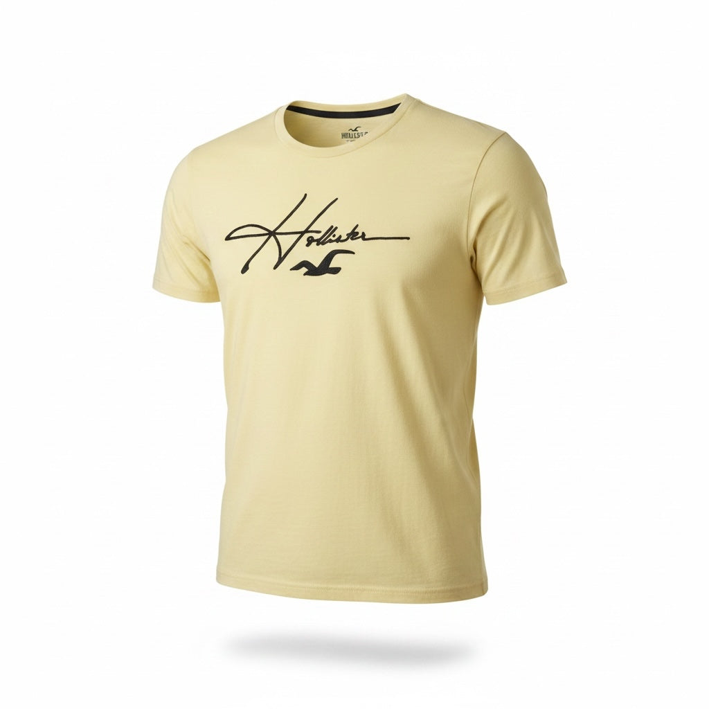 picknpack Hollister yellow short sleeve crew neck t-shirt with black script logo graphic on chest