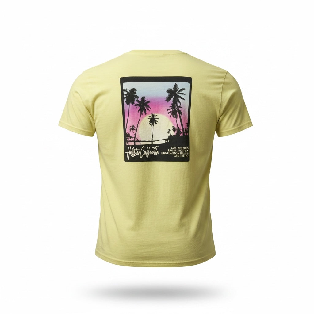 picknpack pale yellow Hollister California graphic t-shirt featuring a sunset palm tree print on the back
