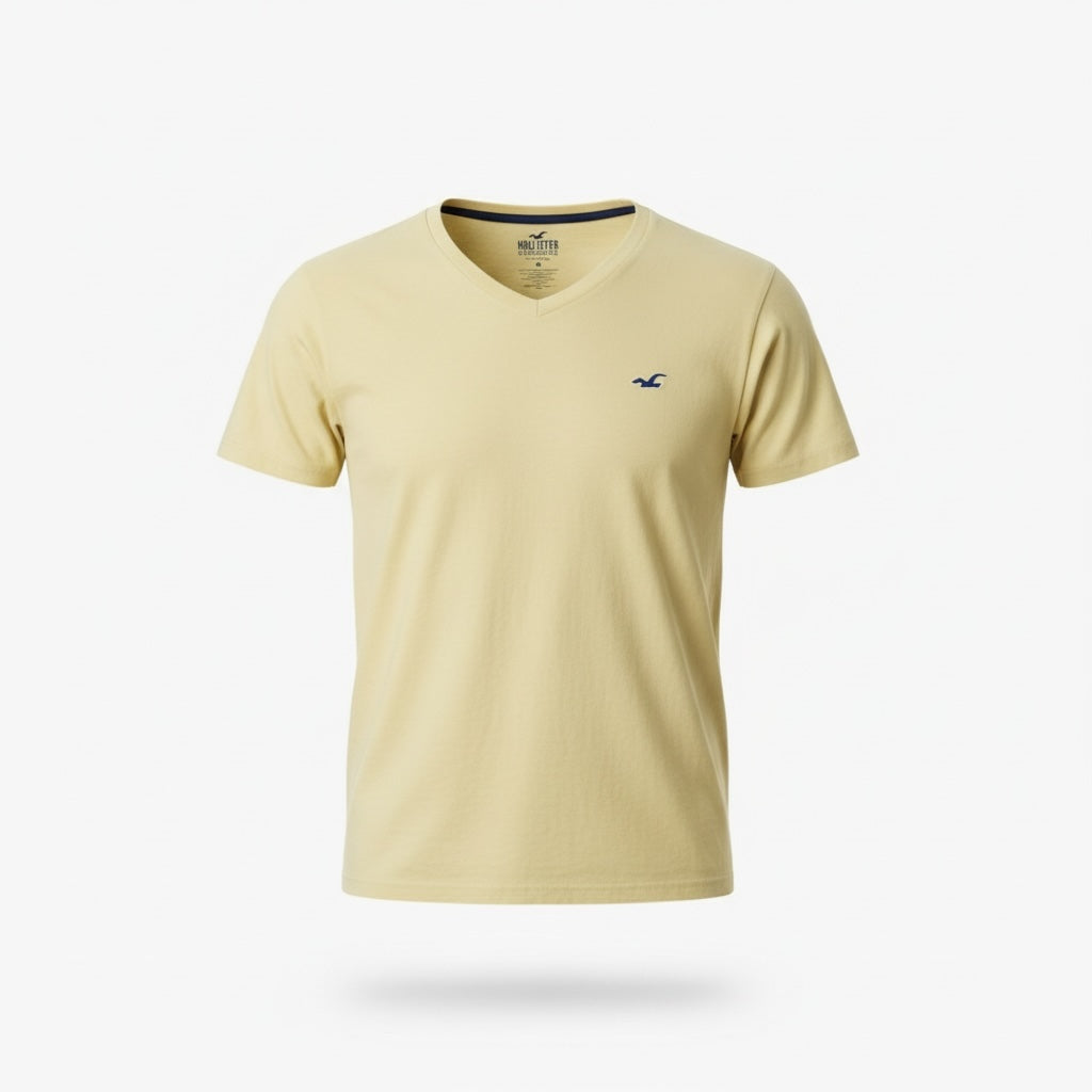 picknpack Hollister short sleeve v-neck t-shirt in sun-washed yellow cotton-blend with embroidered chest logo