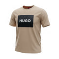 picknpack HUGO beige crew neck t-shirt with a bold black rectangular logo print on the chest in soft cotton