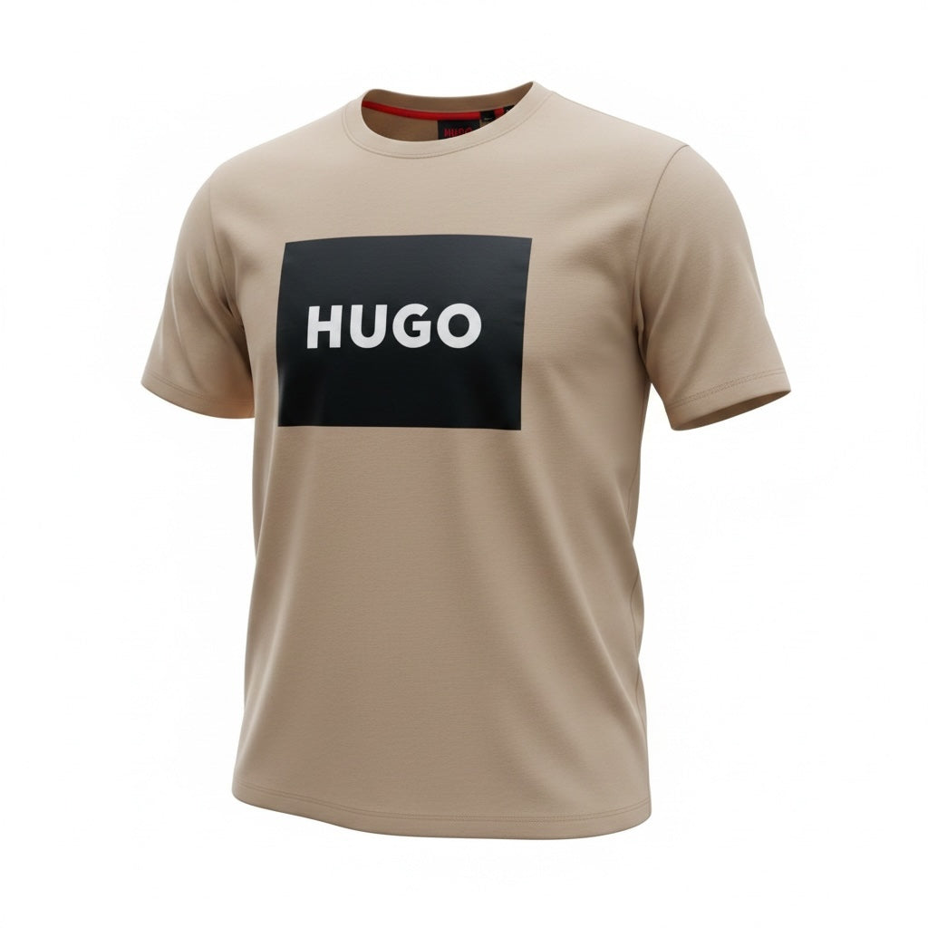 picknpack HUGO beige crew neck t-shirt with a bold black rectangular logo print on the chest in soft cotton