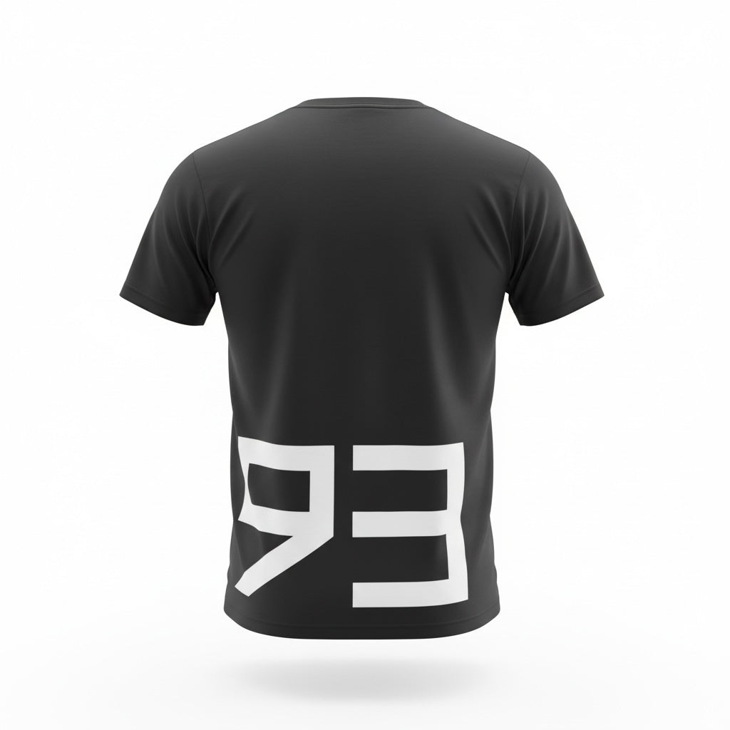 Back view of a black HUGO crew neck t-shirt by picknpack featuring a large white graphic print on the lower hem.