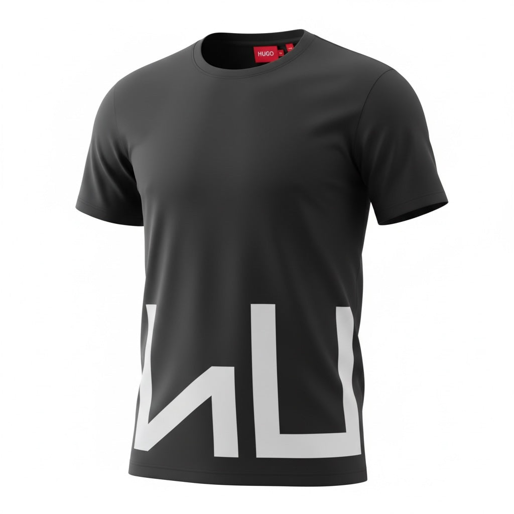 picknpack HUGO black crew neck t-shirt with a bold white graphic print on the lower front in soft cotton