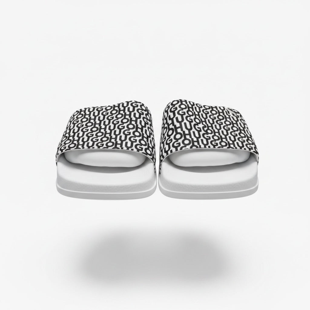 picknpack HUGO white pool slides with black all-over logo print on the strap and contoured footbed