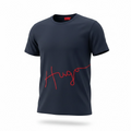 picknpack HUGO navy crew neck short sleeve t-shirt with a bold red signature script logo on the front