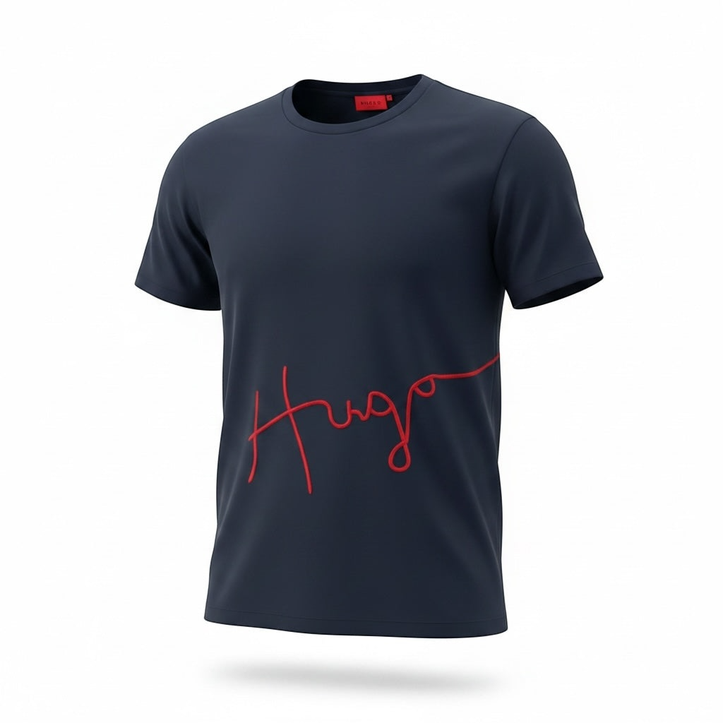 picknpack HUGO navy crew neck short sleeve t-shirt with a bold red signature script logo on the front