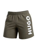 picknpack HUGO olive green swim shorts with a vertical white logo print and elasticated waistband.