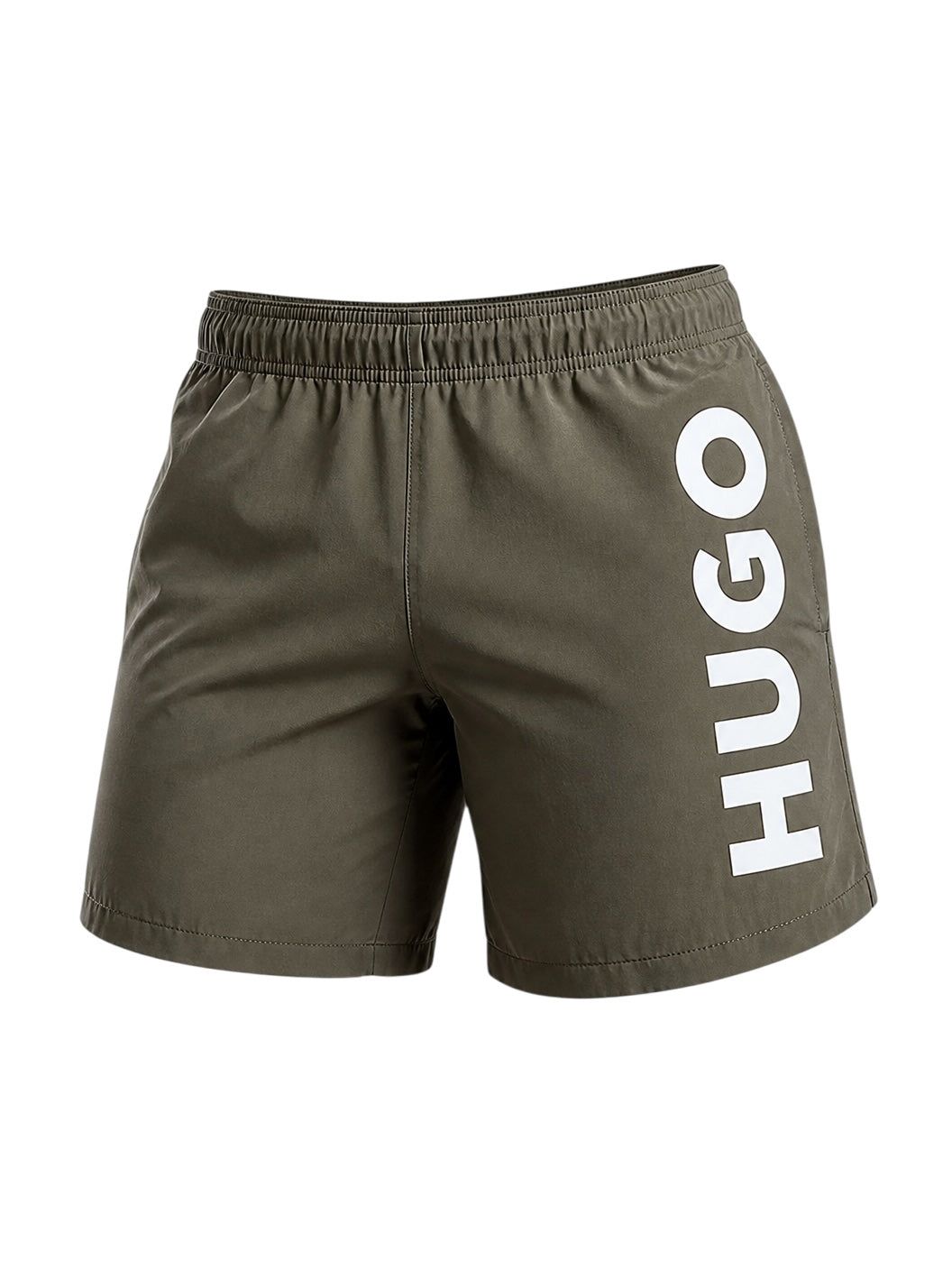 picknpack HUGO olive green swim shorts with a vertical white logo print and elasticated waistband.