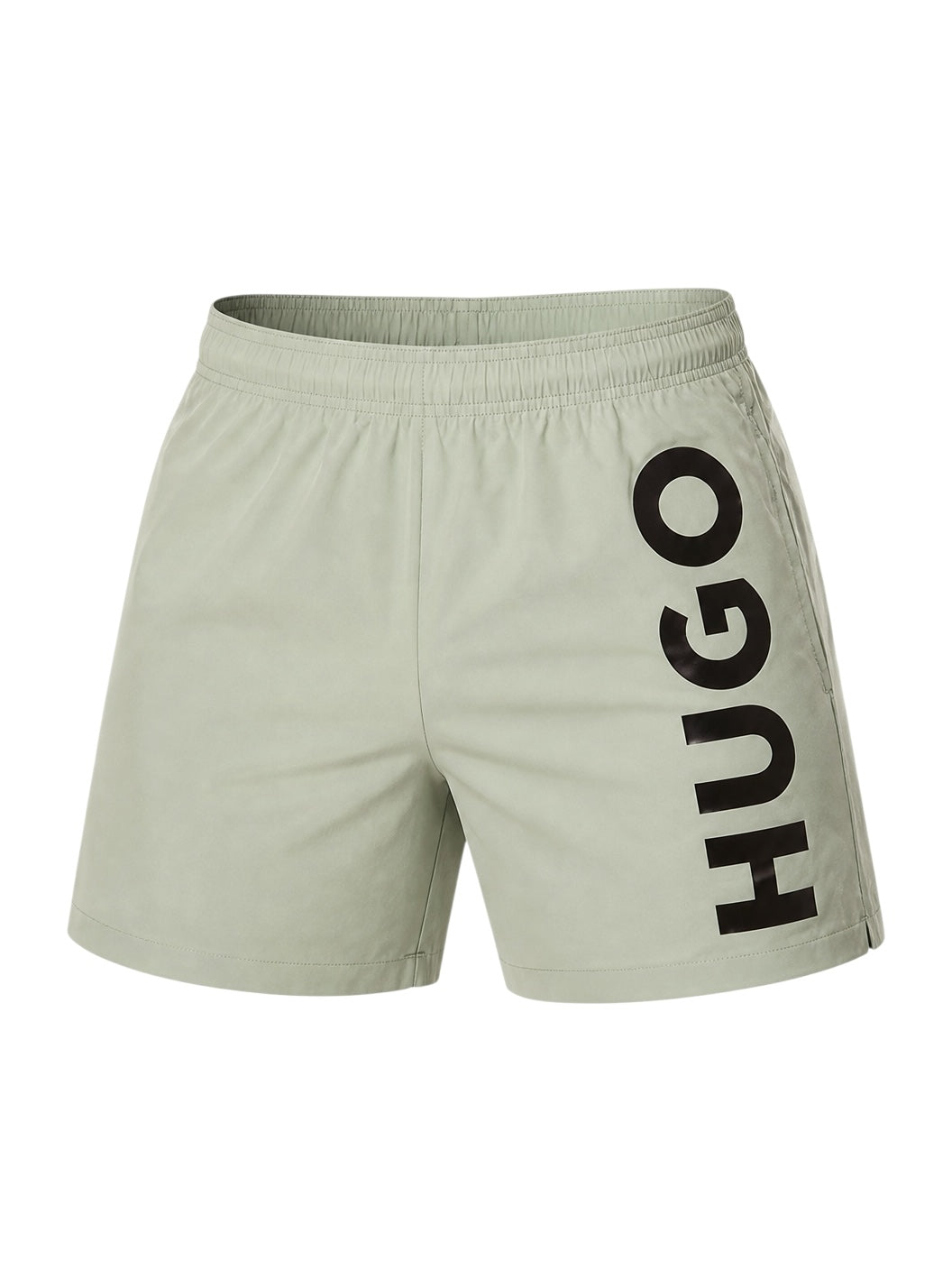 picknpack HUGO sage green athletic swim shorts with a bold vertical black logo print on the leg and elastic waistband